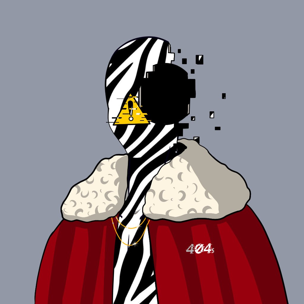 404s — zebra king in a red fur robe with a hazard-triangle face