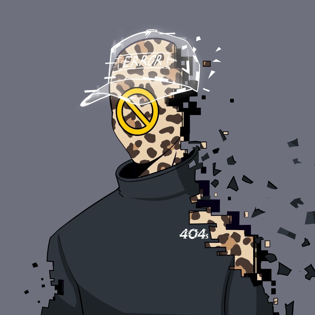 404s — leopard-patterned figure disintegrating into pixels